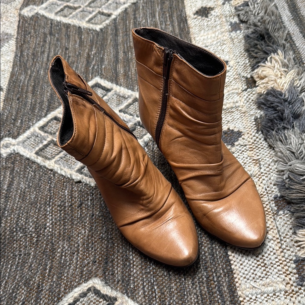 Brown Leather Ankle Booties with Ruching